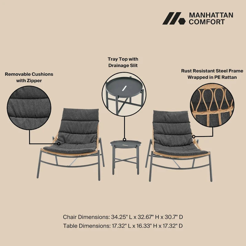 Ensemble de conversation moderne 3 pièces pour patio Manhattan Comfort Sunset