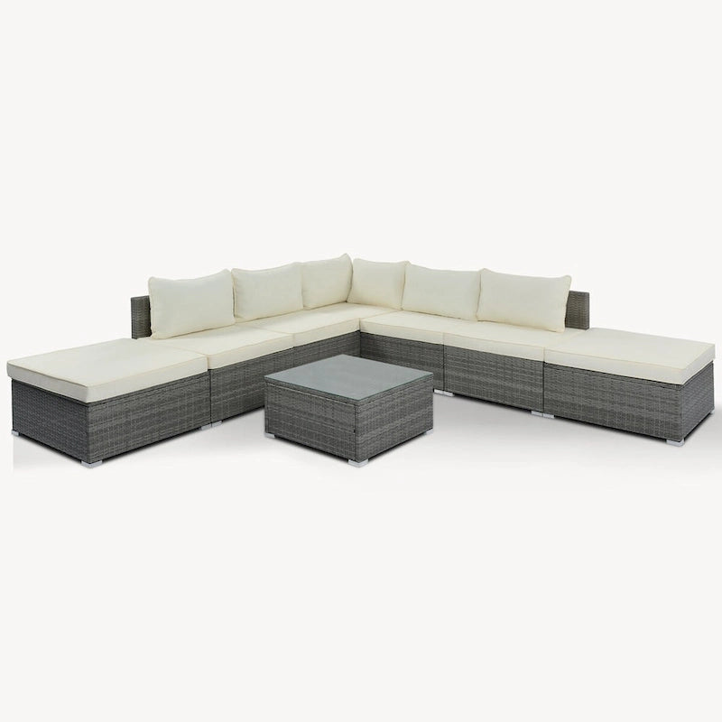 Ensemble de mobilier de jardin beige élégant 8 pièces avec table en verre trempé