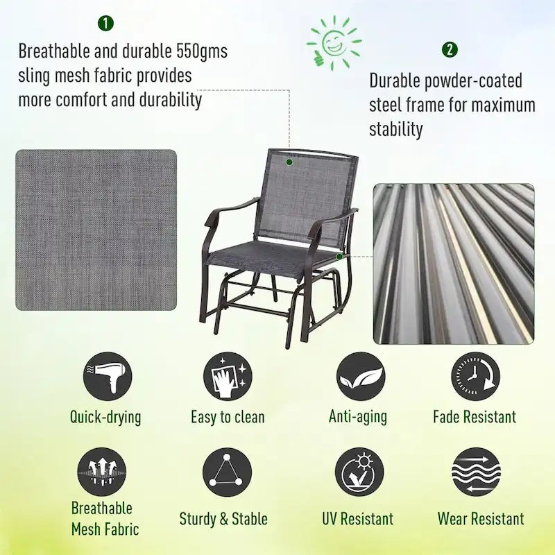 Fauteuil berçant d'extérieur 3 pièces avec table basse et toile respirante