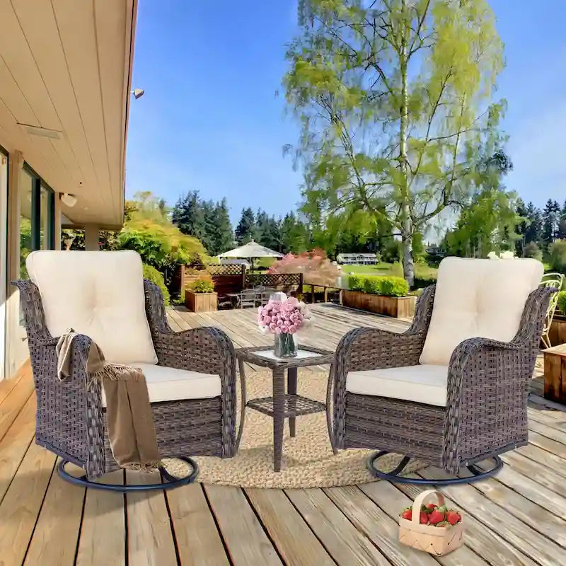 Ensemble de 2 fauteuils pivotants à dossier haut en osier, 3 pièces pour patio extérieur