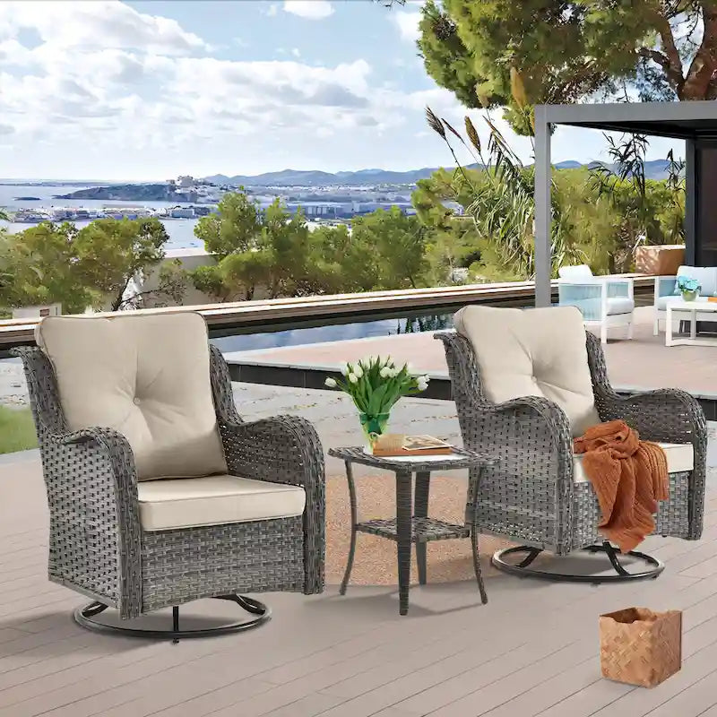 3 Piece Outdoor Patio Furniture Wicker High Back Swivel Chairs Set of 2