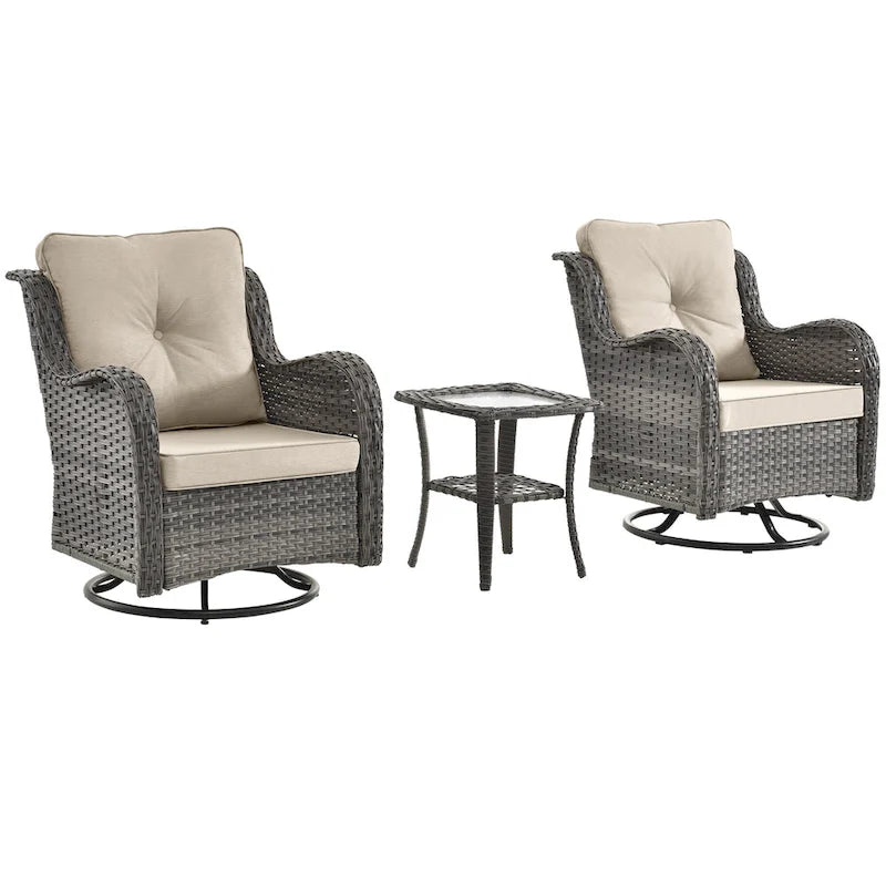 Ensemble de 2 fauteuils pivotants à dossier haut en osier, 3 pièces pour patio extérieur