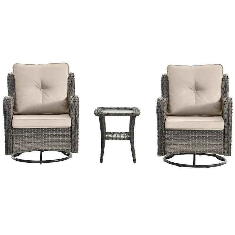 Ensemble de 2 fauteuils pivotants à dossier haut en osier, 3 pièces pour patio extérieur