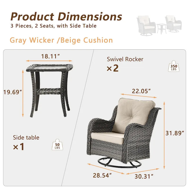 Ensemble de 2 fauteuils pivotants à dossier haut en osier, 3 pièces pour patio extérieur