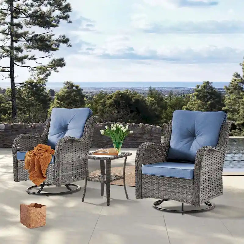 Ensemble de 2 fauteuils pivotants à dossier haut en osier, 3 pièces pour patio extérieur