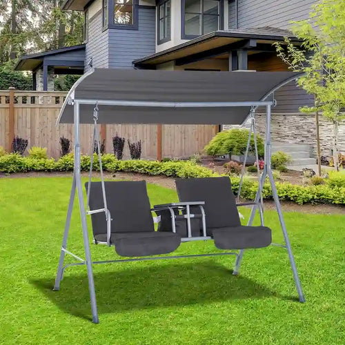 2 Person Porch Swing with Stand, Canopy, Pivot Storage Table