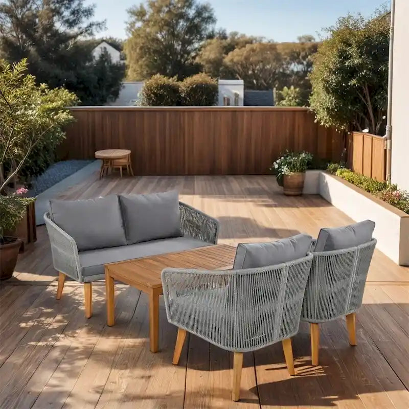 Ensemble de conversation de patio 4 pièces avec coussins et causeuse en bois massif