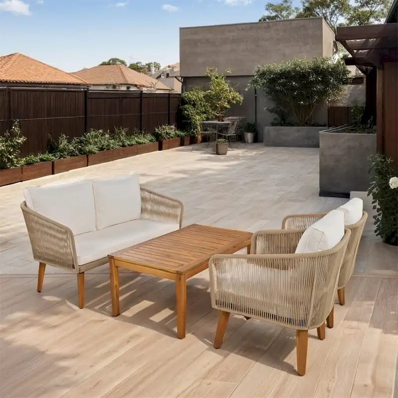 4-Piece Patio Conversation Set with Cushions and Solid Wood Loveseat