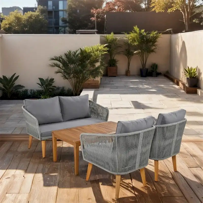 Ensemble de conversation de patio 4 pièces avec coussins et causeuse en bois massif