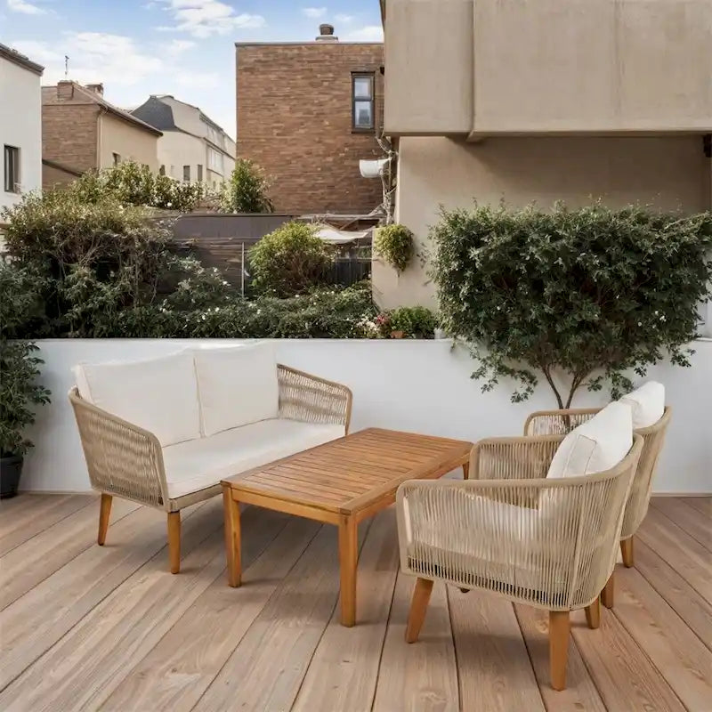 Ensemble de conversation de patio 4 pièces avec coussins et causeuse en bois massif