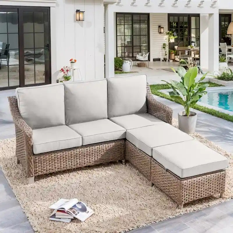 Canapé d'angle d'extérieur avec pouf - Marron