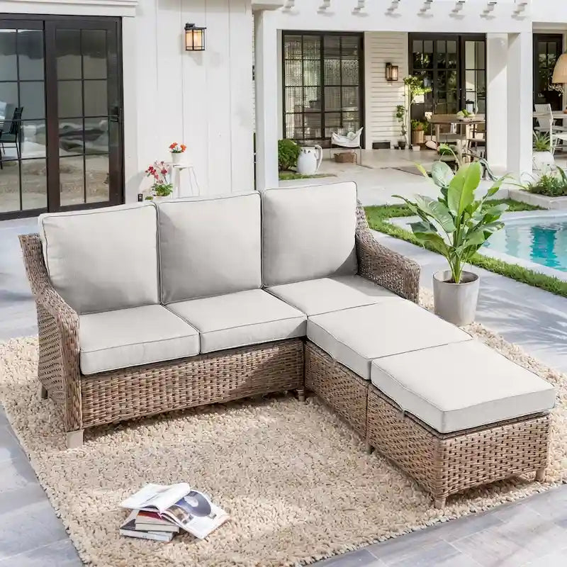 Outdoor Sectional Patio Sofa with Ottoman - Brown