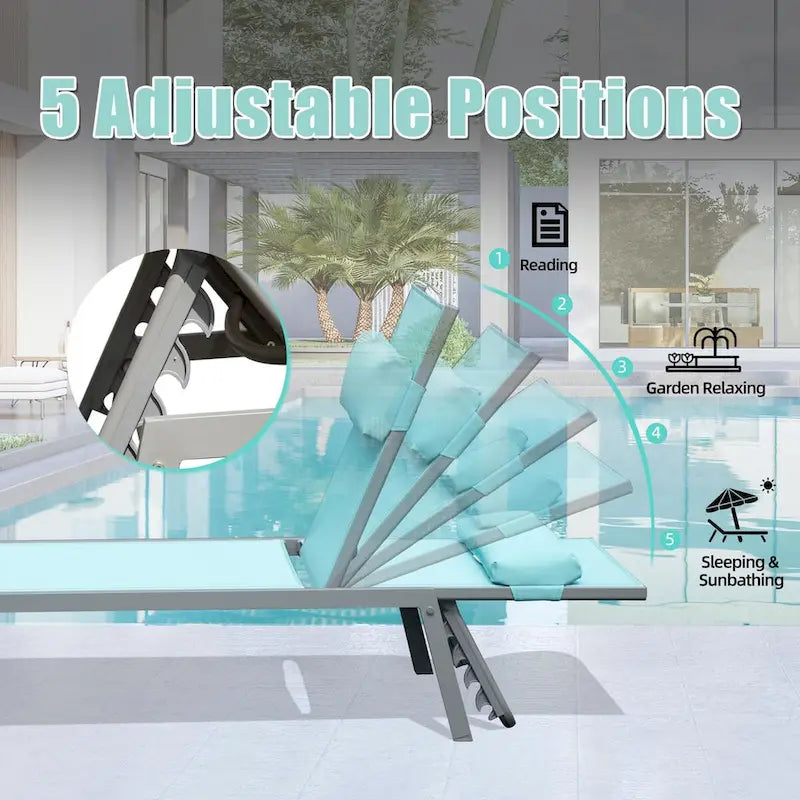 Ensemble de 3 chaises longues de patio, chaises longues de piscine en aluminium avec table d'appoint, fauteuil inclinable réglable d'extérieur résistant aux intempéries