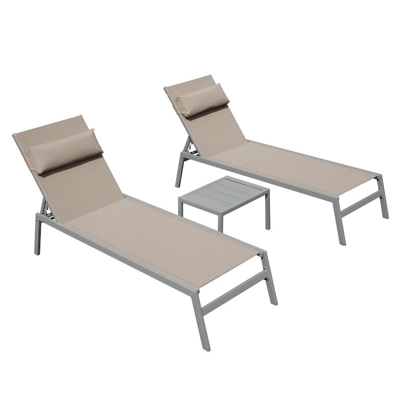 Ensemble de 3 chaises longues de patio, chaises longues de piscine en aluminium avec table d'appoint, fauteuil inclinable réglable d'extérieur résistant aux intempéries