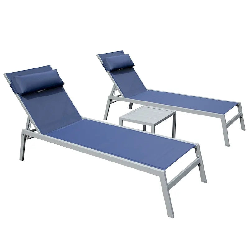 Ensemble de 3 chaises longues de patio, chaises longues de piscine en aluminium avec table d'appoint, fauteuil inclinable réglable d'extérieur résistant aux intempéries